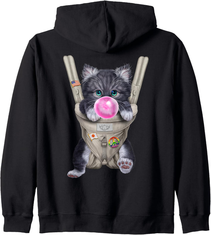 Graue Katze mit Kaugummi in der Babytrage Kapuzenjacke