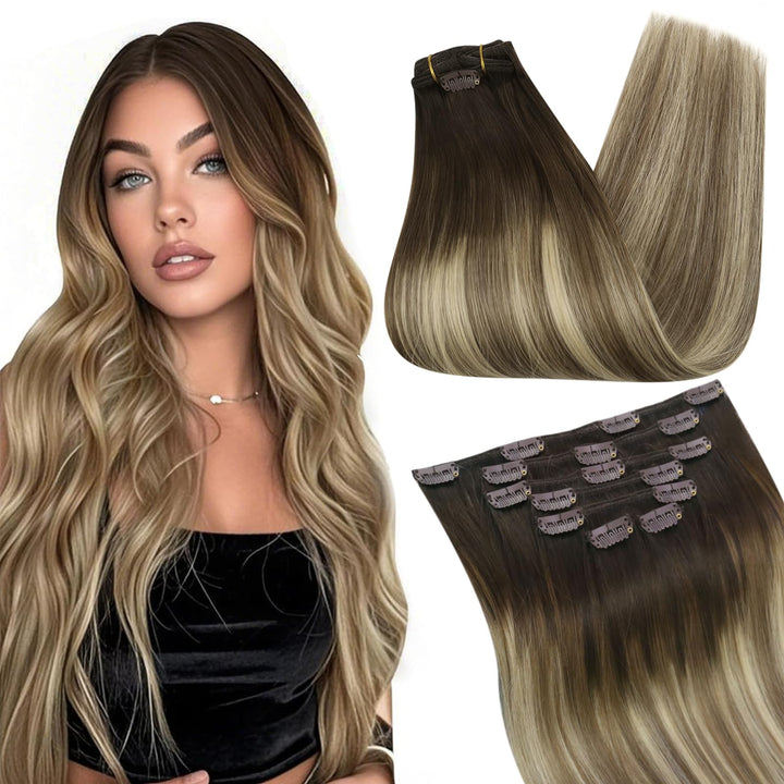 Ugeat 55cm Echthaar Extensions 120 Gramm Clip in Echthaar Tressen Clips Echthaar Dunkel Braun bis Mi
