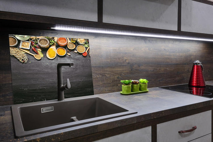 SmartDecoration Herdabdeckplatte Ceranfeldabdeckung aus Glas 60x52 cm Einteilig Motiv "Gewürze" Grau