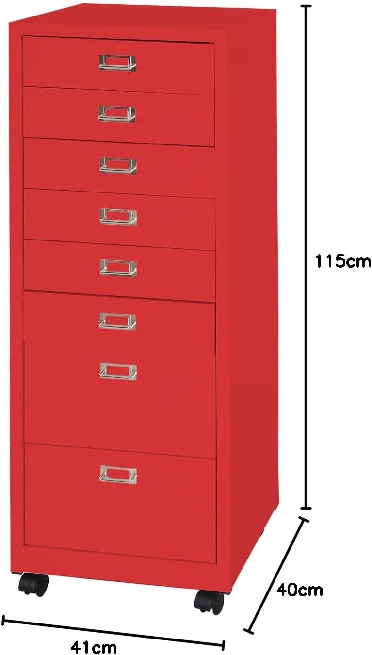 PROREGAL Rollcontainer, HxBxT 115x40x41 cm, Metall 8 Schubladen, Rot, Schubladenschrank Stahlschrank