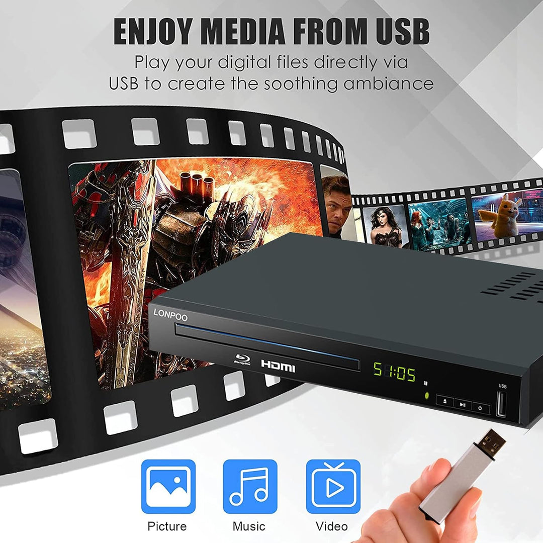 1080P HD Bluray Player für TV, Kompakter Blu-ray Player/DVD-Player mit HDMI/Koaxial/AV-Porta, Unters