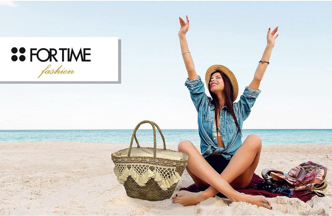 FOR TIME Women's Beach Tote Bag Strandtasche Shopper Damen, Natürlich