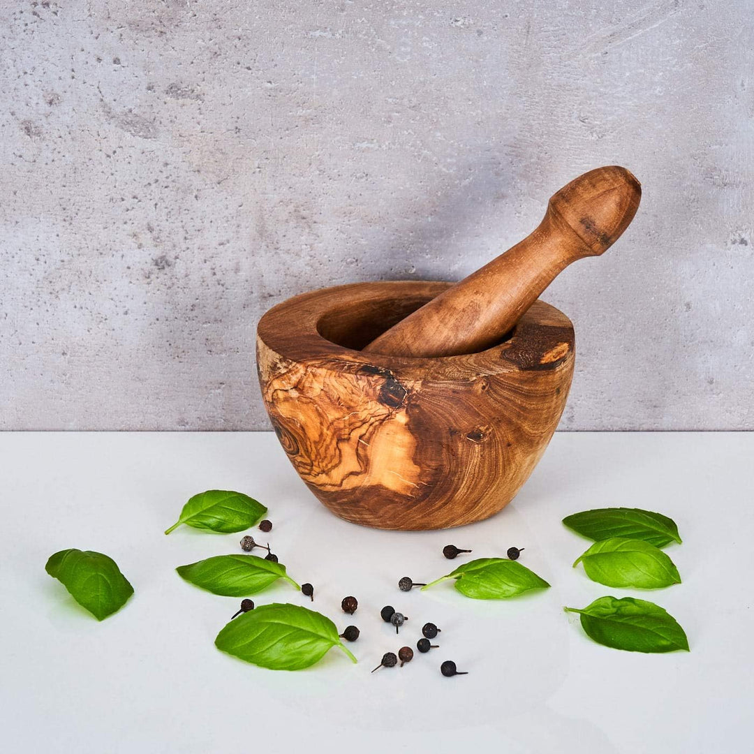 levandeo Mörser H6cm Olivenholz Holzmörser Stössel Wie gegriffen Holz Gewürzmühle Küche Natur Unikat