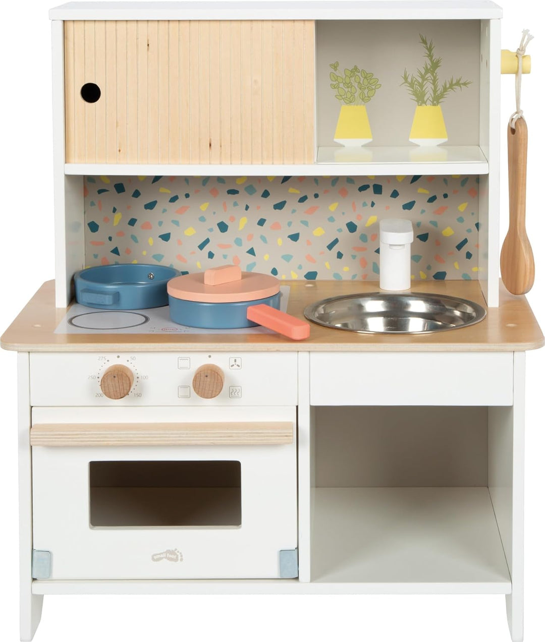 small Foot Kinderküche Terrazzo kompakt, Moderne Spielküche aus Holz, mit kindgerechtem Zubehör, Rol
