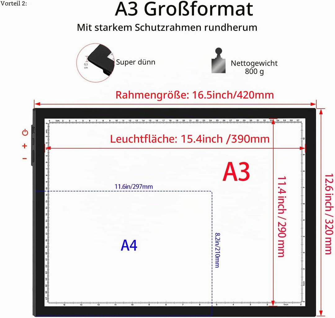 WELZK Leuchttisch A3, 42×32CM Grosse Light Pad. Seitliche Tasten, 9 Stufige Dimmung Lichtplatten für
