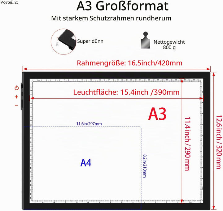 WELZK Leuchttisch A3, 42×32CM Grosse Light Pad. Seitliche Tasten, 9 Stufige Dimmung Lichtplatten für