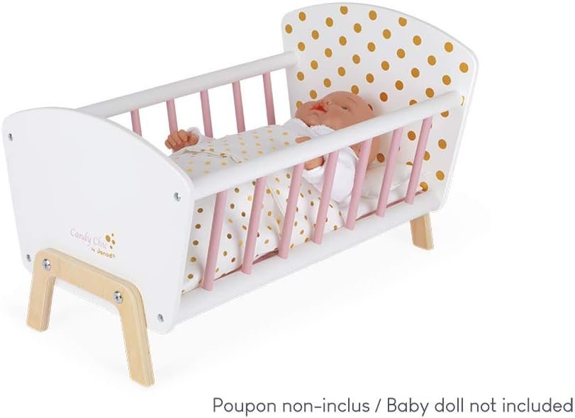 Janod - Puppenbett ‘Candy Chic’ aus Holz mit Matratze + Decke + Kissen - Zarte Glitzernde Farben - K