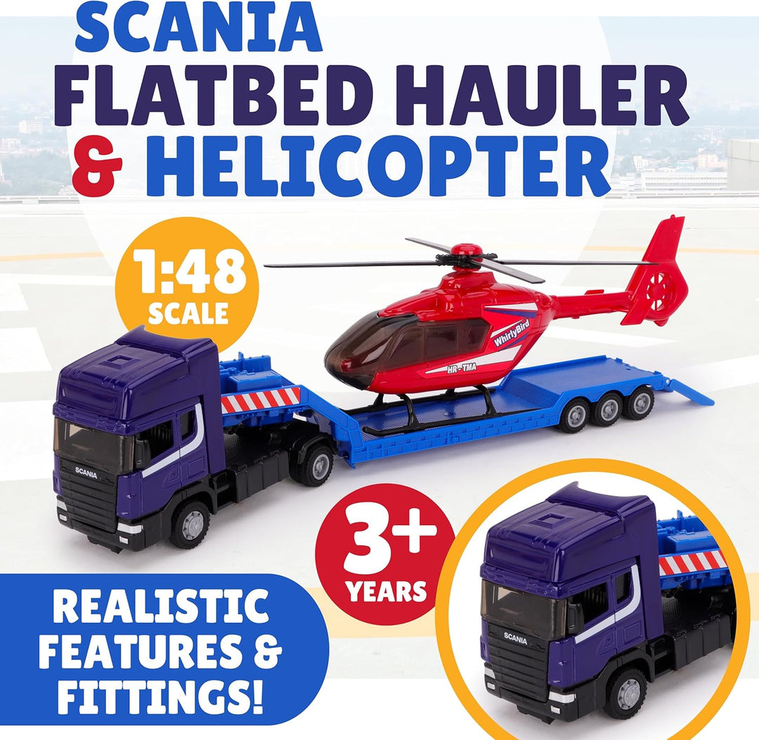 Toyland® Scania Pritschenschlepper mit Hubschrauber - Massstab 1:48 - Freilauf - Transportspielzeugs