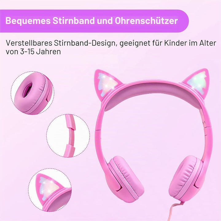Olyre Katze Ohren Kopfhörer mit LED-Leuchten kabelgebundene Kinder-Kopfhörer–Pink