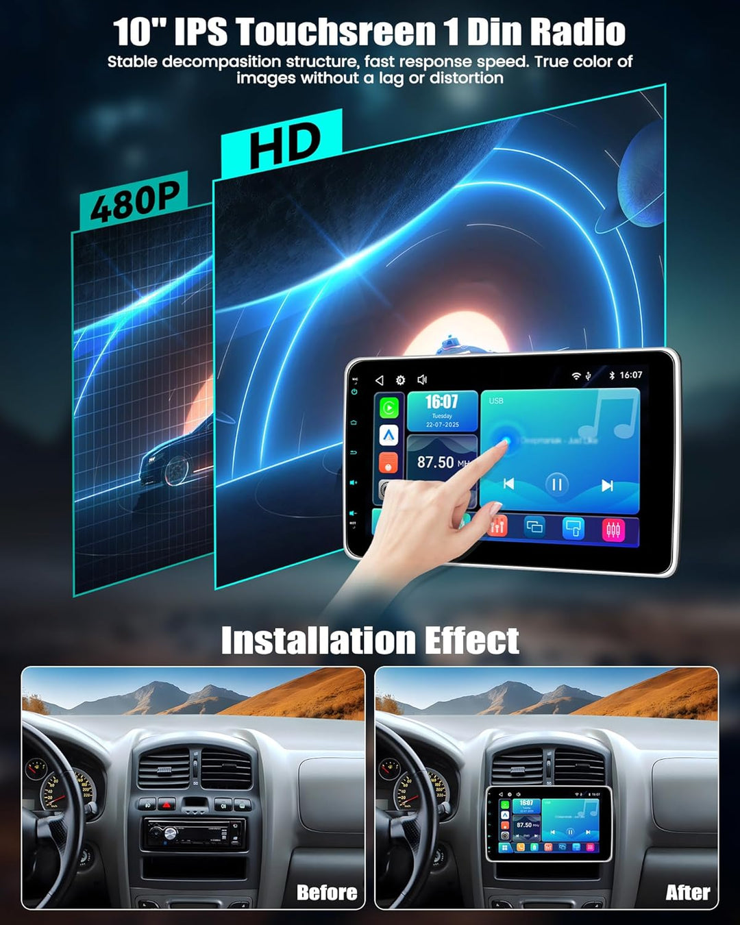 CAMECHO Autoradio mit IPS Bildschirm,10 Zoll 1 Din Apple CarPlay Android Auto Touch Screen Display,