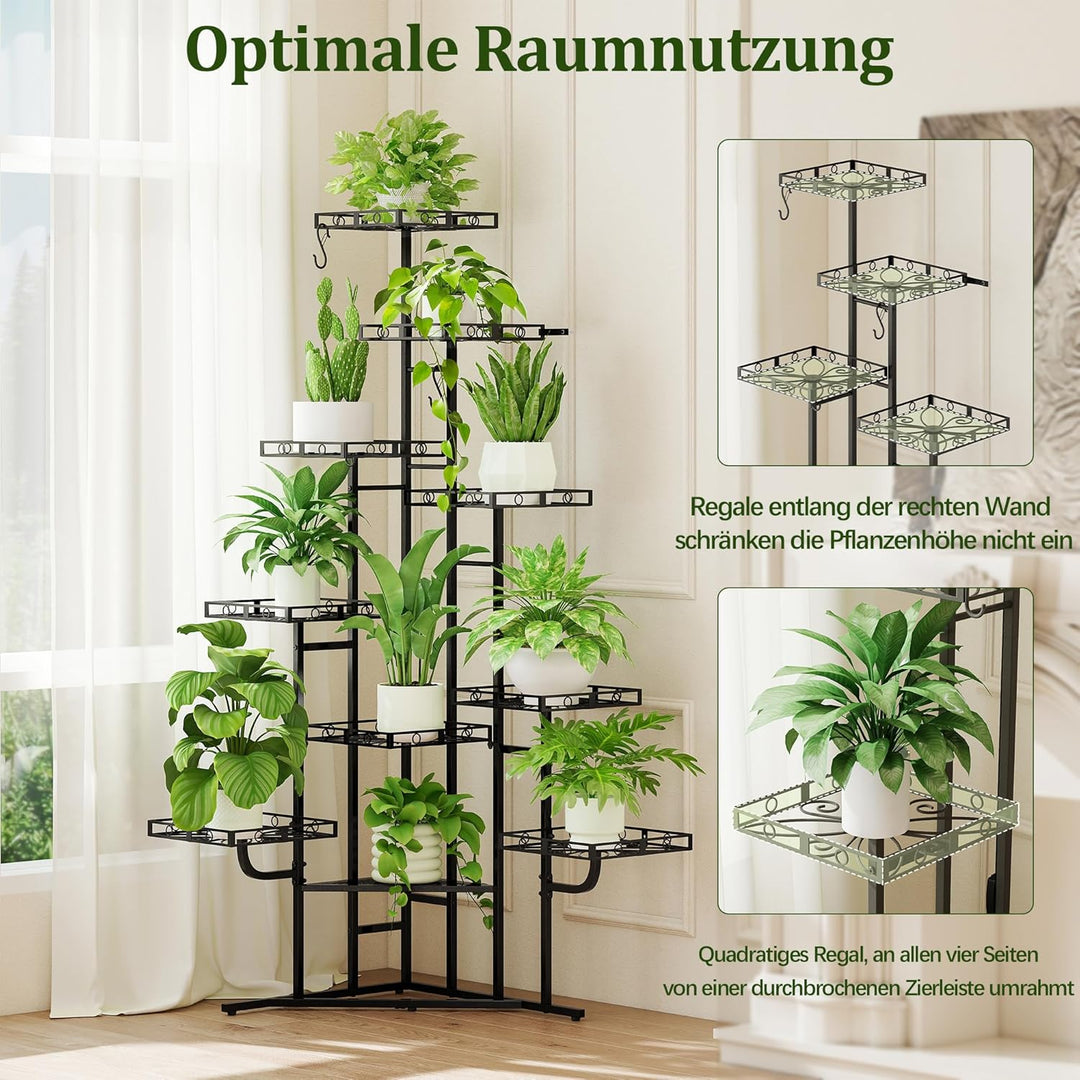 Quikraen 9 Ebenen Blumenständer, Pflanzenständer, 150cm, Metall, Schwarz | L-förmiges Design Pflanze
