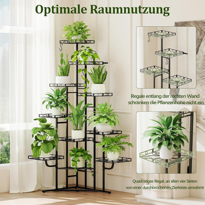 Quikraen 9 Ebenen Blumenständer, Pflanzenständer, 150cm, Metall, Schwarz | L-förmiges Design Pflanze
