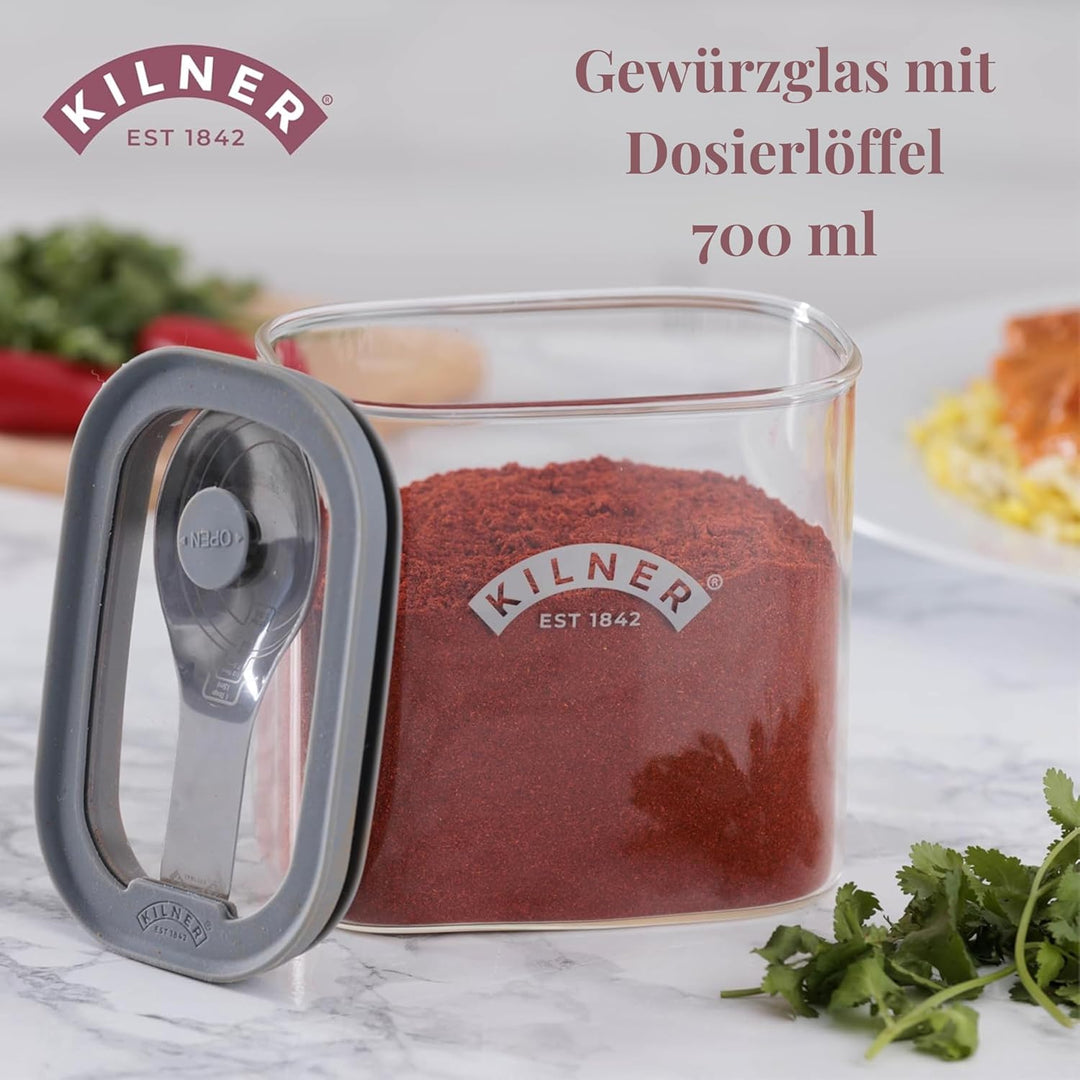 Kilner Gewürzglas mit Messlöffel, 700 ml, transparente Gewürzdose mit luftdichtem Deckel, hochwertig