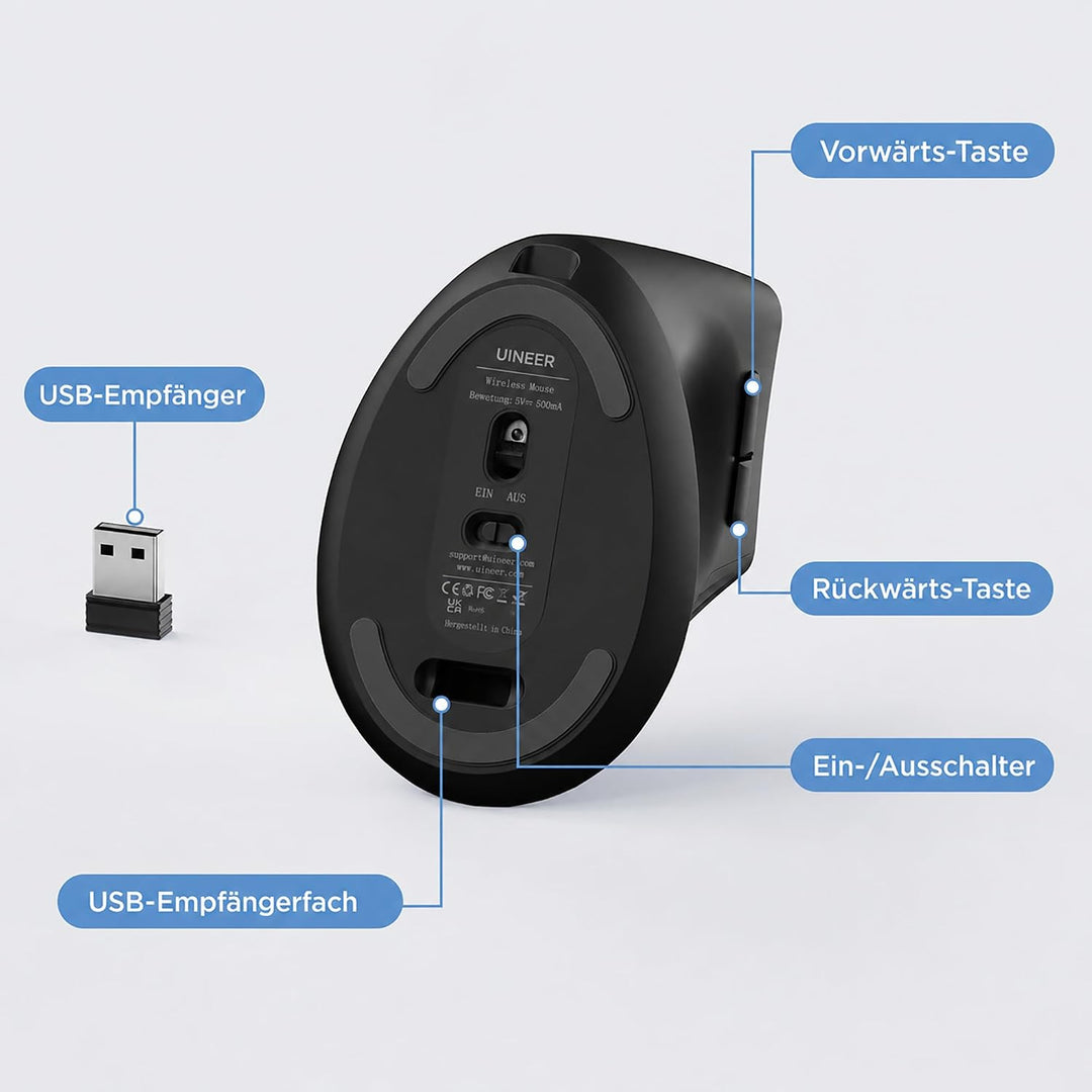 Ergonomische Maus Kabellos, 2,4GHz Vertikale Maus mit USB-Empfänger, Wiederaufladbar per USB-C, 4 DP