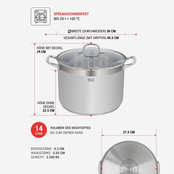 RESTO Edelstahltopf 30cm - Suppentopf, Universaltopf 15 L - Schmortopf mit Deckel - Topf für alle He