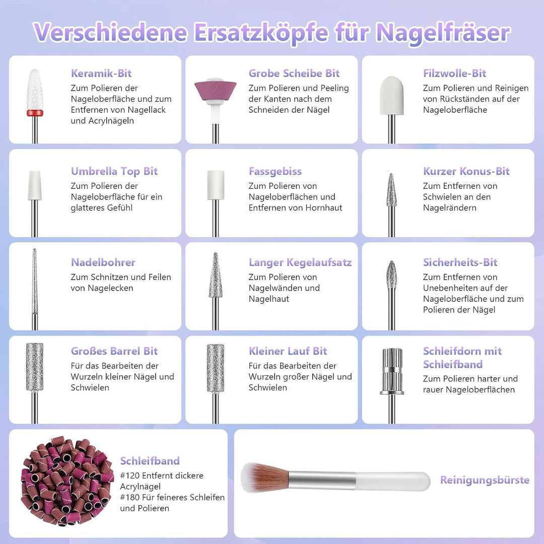 POFIBO Nagelfräser Kabellose 35000 U/Min - Professioneller Nail Drill für Gelnägel und Acrylnägel, E