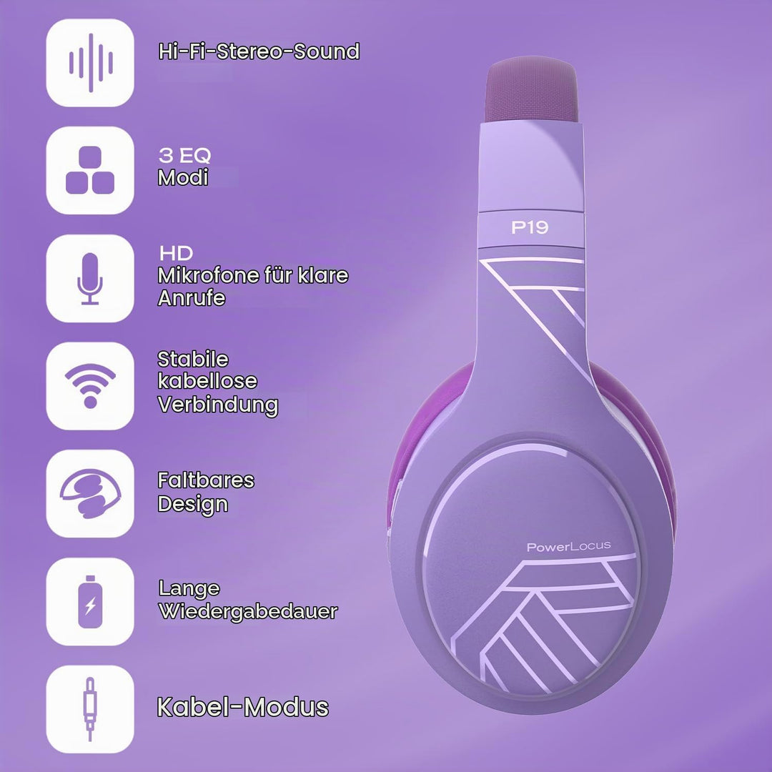 PowerLocus Bluetooth Kopfhörer Over Ear, Kopfhörer Kabellos mit 3-EQ modi, 60std. Spielzeit, Hi-Fi-S