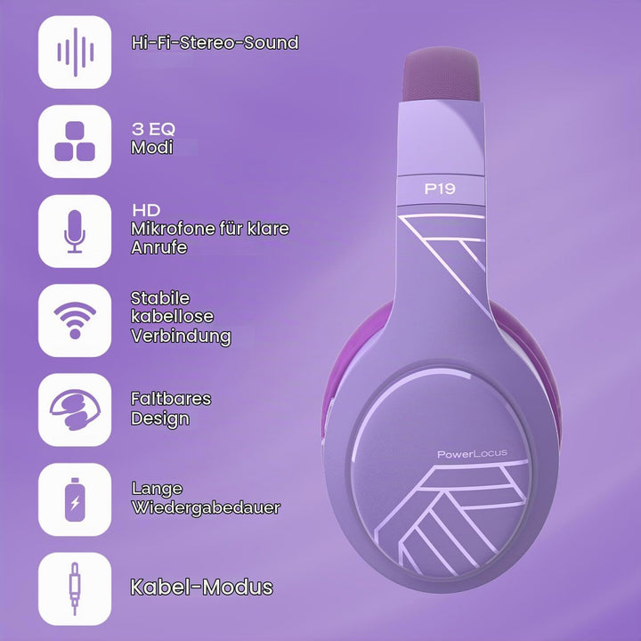 PowerLocus Bluetooth Kopfhörer Over Ear, Kopfhörer Kabellos mit 3-EQ modi, 60std. Spielzeit, Hi-Fi-S
