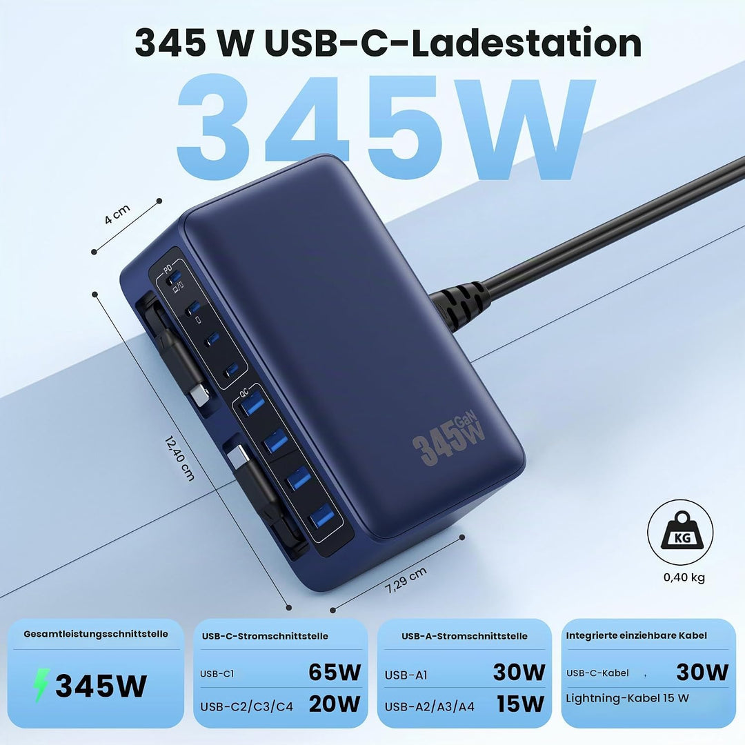345W USB C Ladegerät Mehrfach mit Einziehbarem Ladekabel, 10-in-1 GaN VI Ladestation, PD/PPS/QC Schn