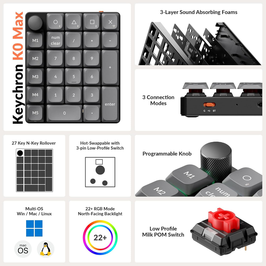 Keychron K0 Max Kabelloser Low-Profile-Nummernblock, QMK/VIA programmierbar, Hot-Swappable Red Switc