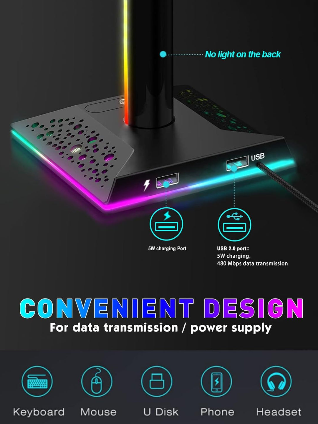 VCOM RGB Gaming Kopfhörer Ständer mit 10-Licht Modi, Controller Halter mit 2 USB Ports, PC Gaming Zu