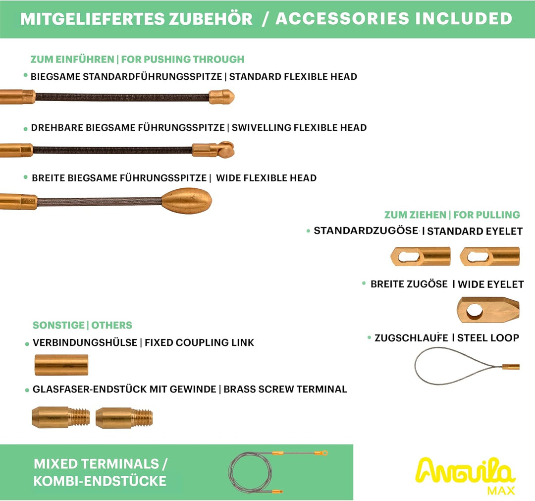 Anguila Max| Kabeleinziehhilfen | Glasfaser verstärkt | Nylon | Kombi-Endstücke | Farbe grün | Durch
