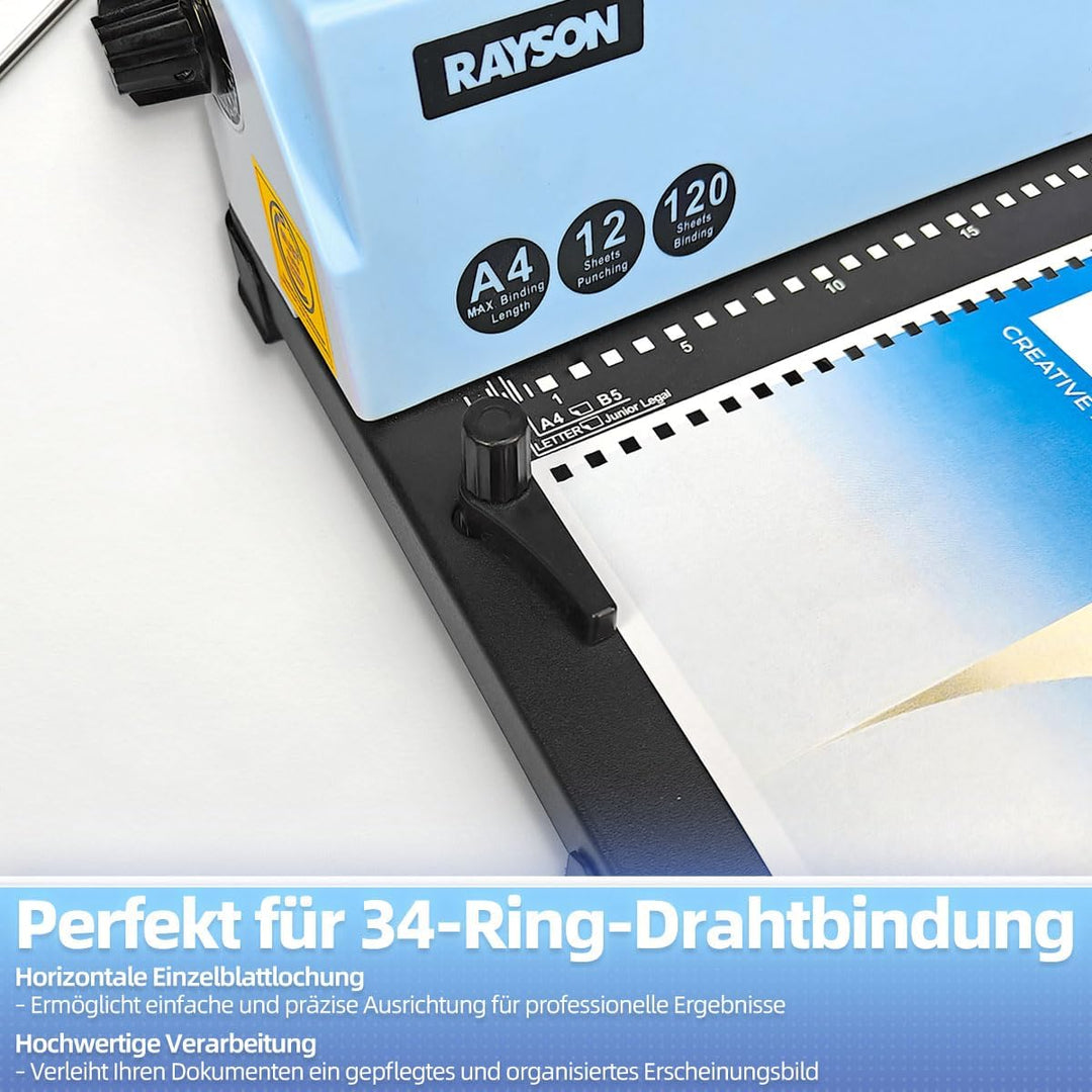 RAYSON Drahtbindegerät, 120 Blatt Binde, 3:1 Teilung, A4, 34-Loch-Doppelschleifen-Drahtbinder mit st