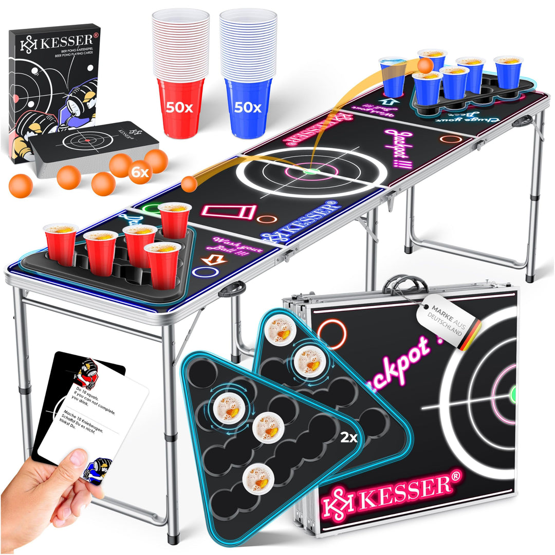 KESSER® Bier Pong Tisch Set mit Kartenspiel Trinkspiel LED-Action inkl. 100 Becher (50 Rot & 50 Blau
