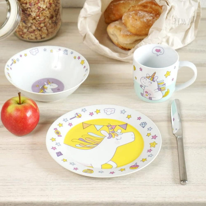 Kinderset Einhorn Doodle 7tlg. mit Gravur (z.B. Namen) personalisiertes Kinderbesteck + Kindergeschi