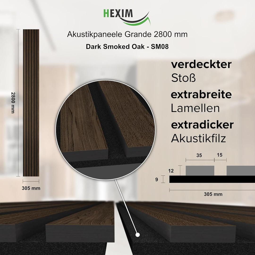 HEXIM Akustikpaneele 280x30cm Holz Grande - XXL Wandpaneele Platten Lamellen Holzpaneele Echtholzfur