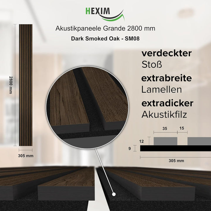 HEXIM Akustikpaneele 280x30cm Holz Grande - XXL Wandpaneele Platten Lamellen Holzpaneele Echtholzfur