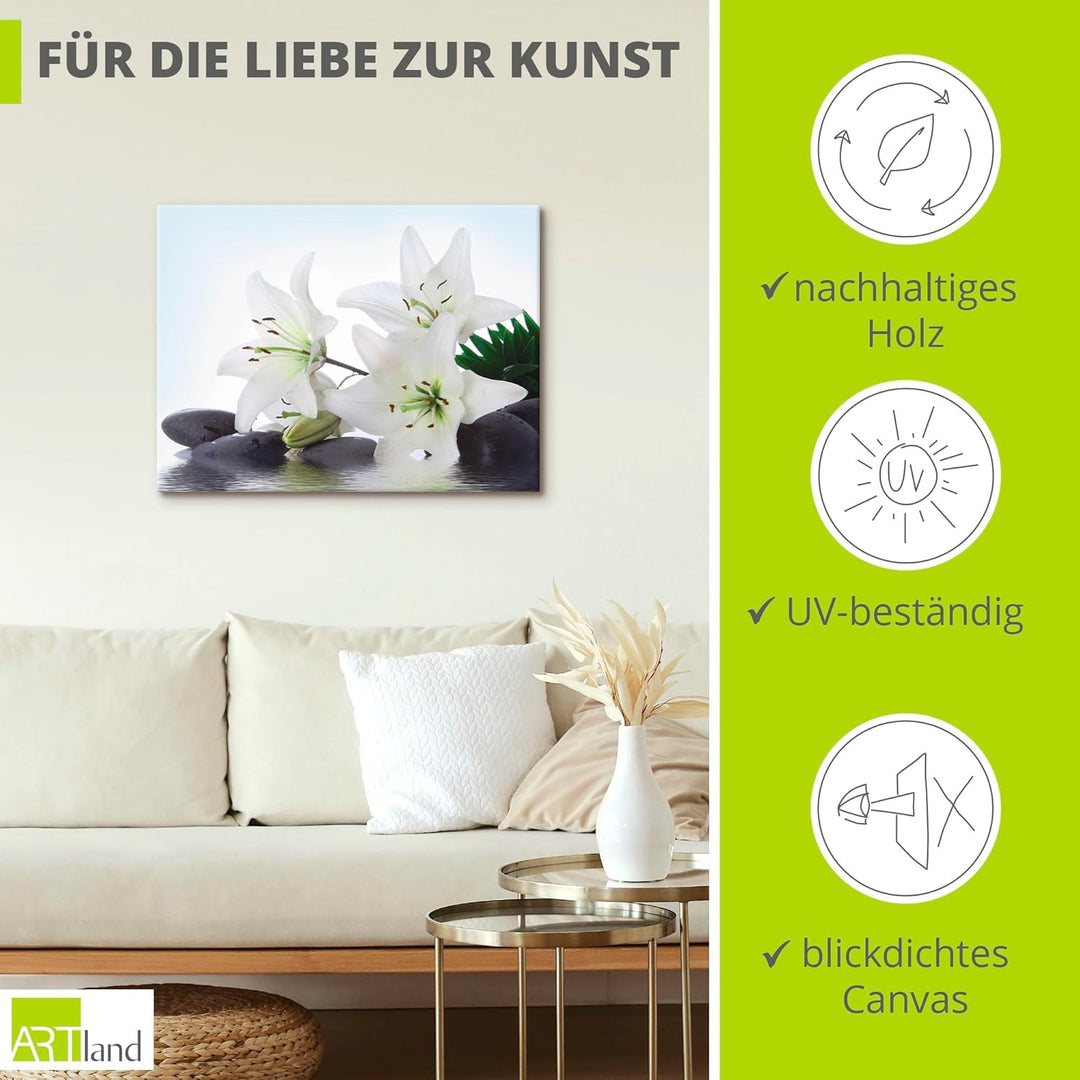 ARTland Leinwandbilder Wandbild Bild auf Leinwand 80x60 cm Madonna-Lilien und Spasteine im Wasser in