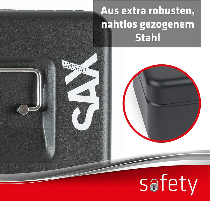SAX Geldkassette mit Zahlenschloss, extra Starkes Schloss, 20 x 16 x 9cm, Medium, Schwarz, 0-822-19