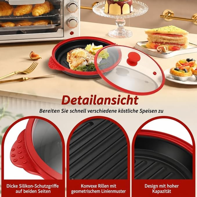 Mikrowellen Grillpfanne mit Deckel,Sicher Microwave Grill Pan mit Verbrühungsschutz und Antihaft,gle