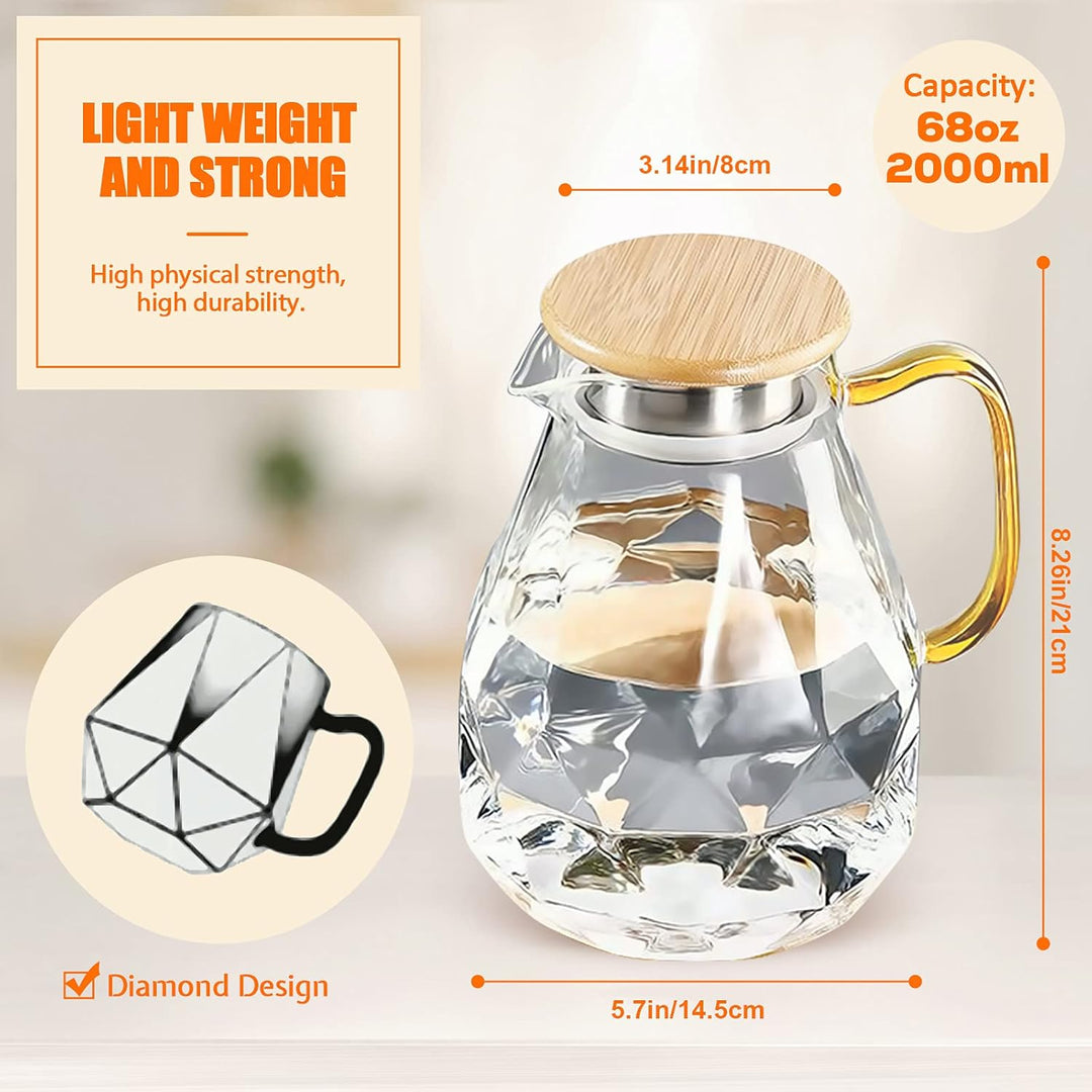 DUJUST Glaskaraffe mit Bambus Deckel 2 Liter, Wasserkaraffe im Modernen Diamant Design, Glaskrug mit