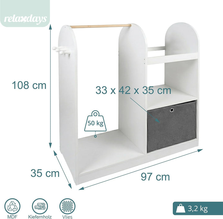 Relaxdays Kindergarderobe, 3 Haken, Kleiderstange & Aufbewahrungsbox, HxBxT: 108 x 97 x 35 cm, Kinde