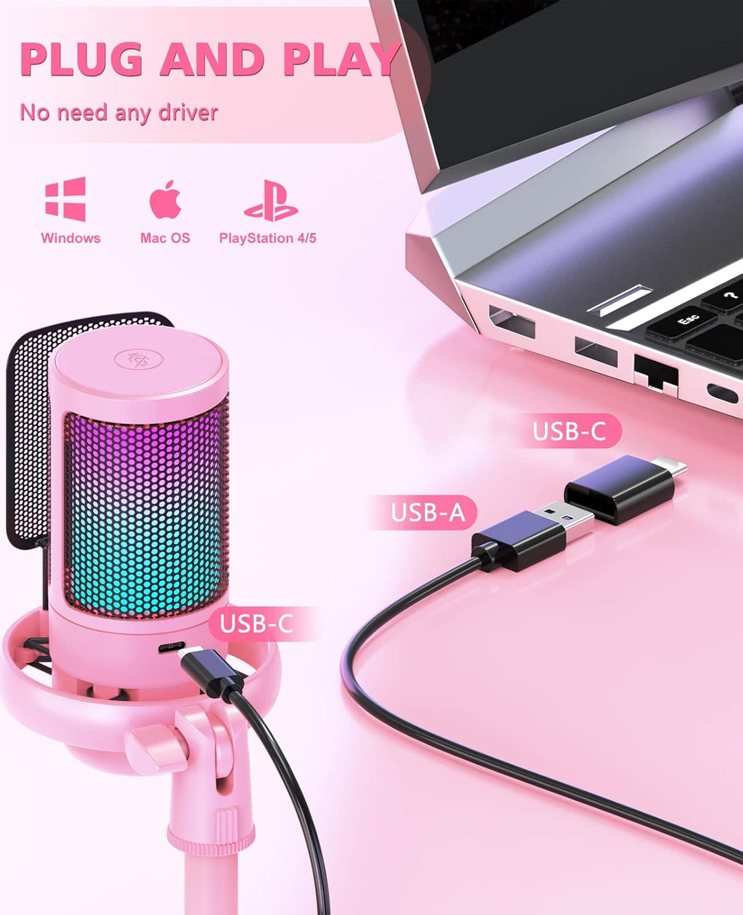 NJSJ Gaming Mikrofon PC, USB Microphone für PC/PS4/PS5/Mac/Telefon, Kondensatormikrofon USBC mit Tou