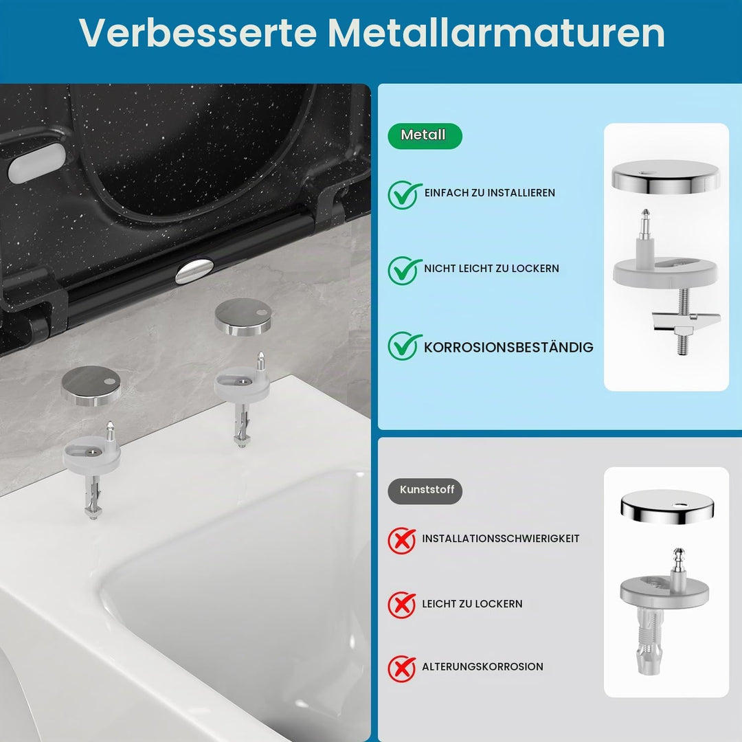 Toilettendeckel mit Absenkautomatik, WC Sitz D Form aus Duroplast, Schwarz Marmor Klodeckel mit Quic