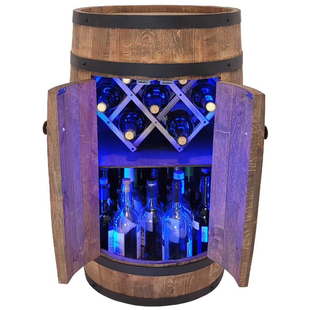 Fassbar mit Tür und Weinhalter RGB-LED-Beleuchtung - Weinregal. Hausbar Weinrack 80 cm. Rustikaler d