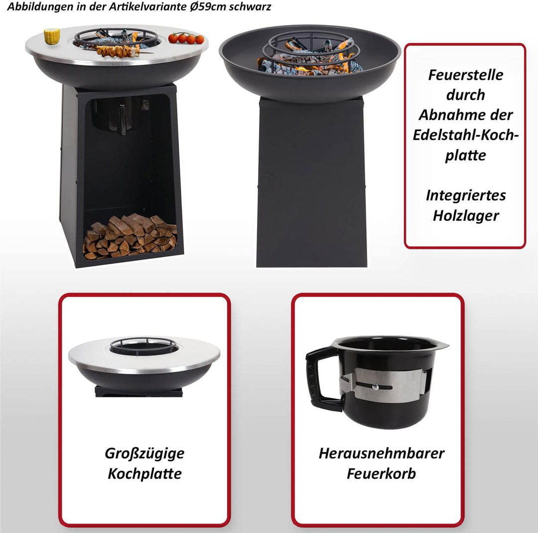 Mendler Feuerschale mit Grillplatte HWC-K97 Feuerstelle Grill Feuerkorb BBQ Outdoor Kochplatte, Stah