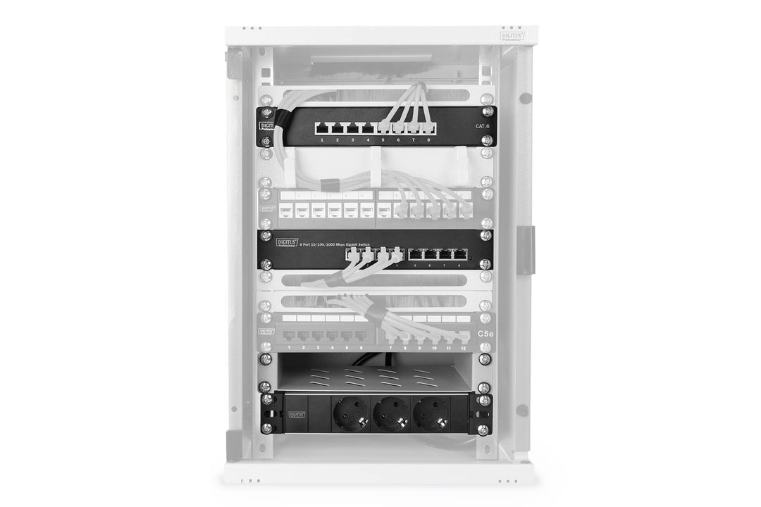 DIGITUS 10-Zoll Set - Netzwerk-Schrank 9HE Grau - Fachboden - Steckdosenleiste - 8-Port Patch-Panel