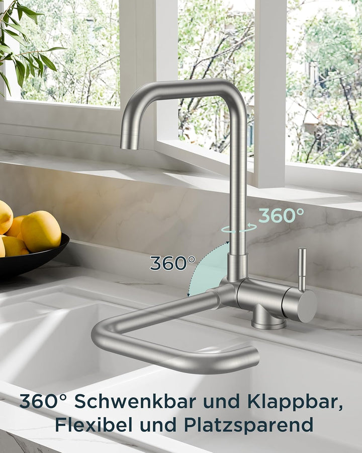 FORIOUS Wasserhahn Küche, Küchenarmatur mit 360° Schwenkbar und Klappbar, L-förmiger Edelstahl Desig