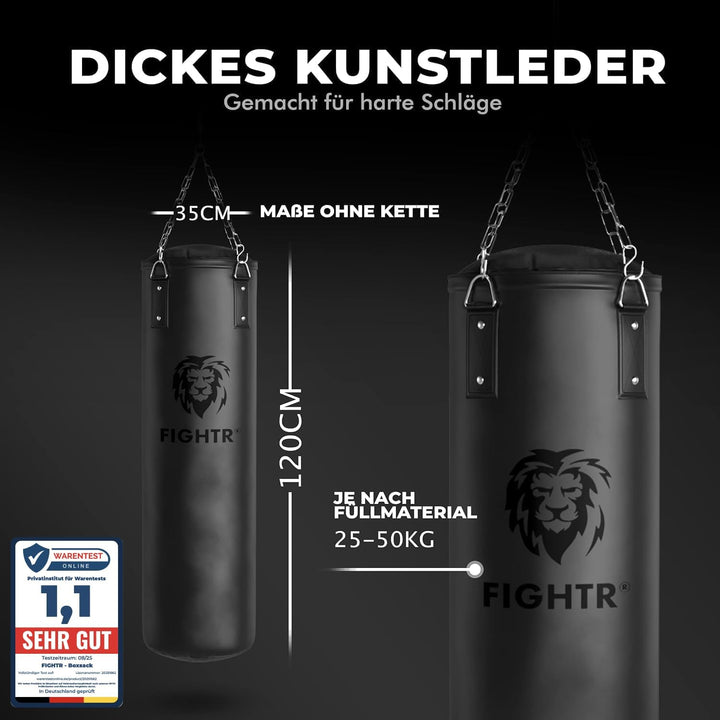 FIGHTR® Boxsack gefüllt/ungefüllt - extrem robust & langlebig | Boxsack Set inkl. 4-Punkt-Stahlkette