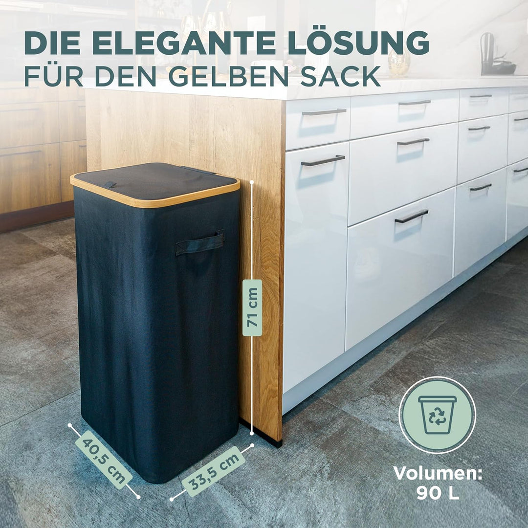 Müllsackhalter 90 Liter, moderner Stoff mit Bambusrahmen, Müllsackständer 90L, Mülleimer Mülltone ge
