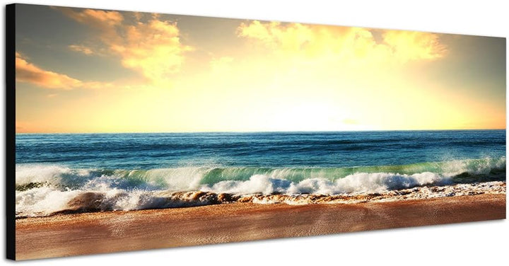 Paul Sinus Art Panoramabild auf Leinwand und Keilrahmen 150x50cm Strand Meer Wellen Sonnenuntergang