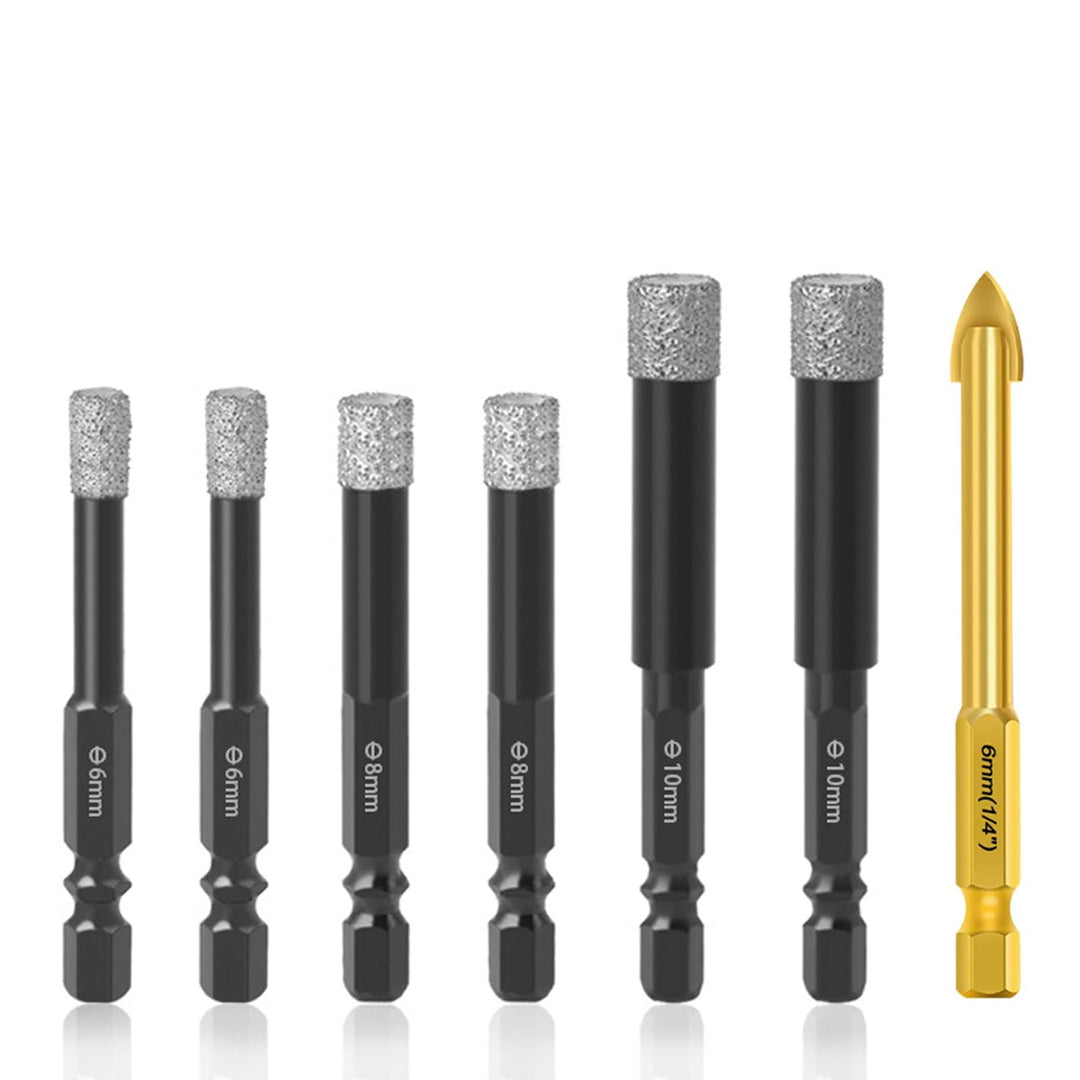 Diamantbohrer Set, Fliesenbohrer Set 6-tlg(6/6/8/8/10/10mm) mit 6mm Karbidbohrer, Sechskant-Schaft,