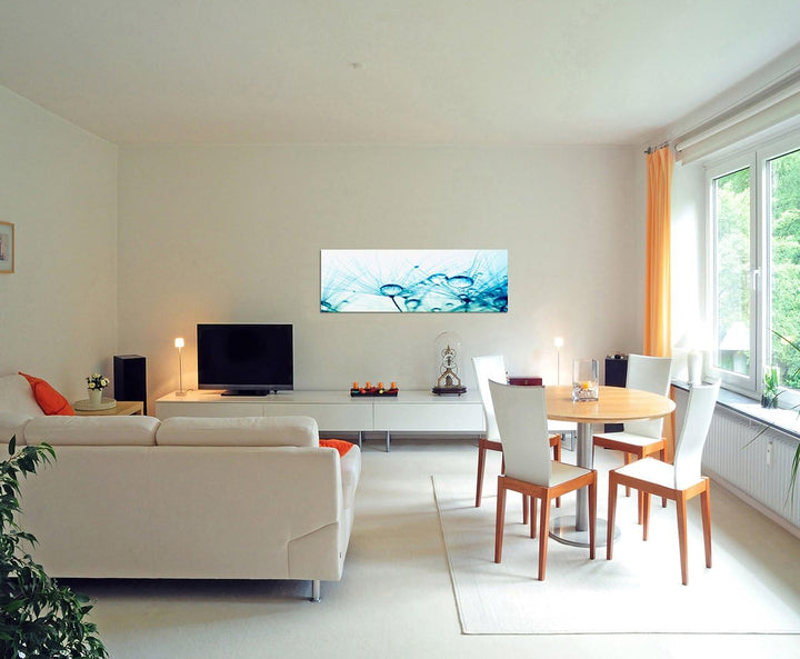 Paul Sinus Art Panoramabild auf Leinwand und Keilrahmen 150x50cm Pusteblume Wassertropfen Tau