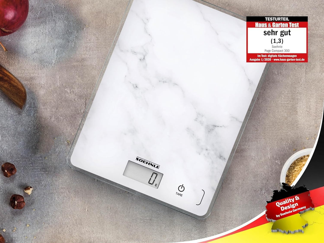 Soehnle Page Compact 300 Marble, digitale Küchenwaage mit Marmormuster, Gewicht bis zu 5 kg, Haushal