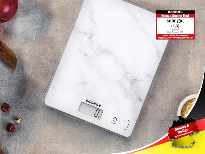 Soehnle Page Compact 300 Marble, digitale Küchenwaage mit Marmormuster, Gewicht bis zu 5 kg, Haushal