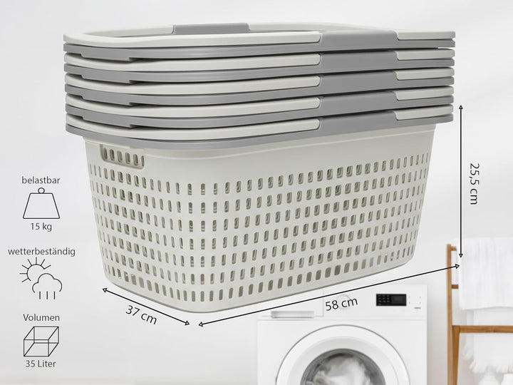Hausfelder Wäschekorb + Wäschewanne mit Henkel 2er Set 35L Weiss – Kunststoff Tragewanne 58x37x25cm,